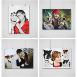 Zestaw czterech portretów wiszących na ścianie: szkic kobiety z maską, kolorowy rysunek Jacka Sparrowa, portret pary na tle jeziora, oraz portret kobiety z psami i kotami.