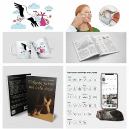 Kolaż zdjęć przedstawiający: ilustrację bociana z dzieckiem, kubki z nadrukiem bociana, zabieg kosmetyczny, otwartą książkę/magazyn, okładkę książki Iwony Polkowskiej oraz ekran smartfona z ikonami...