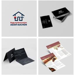 ARTINES Agnieszka Hryniawska - Kompozycja prezentująca identyfikację wizualną firmy: logo z motywem domu i pędzla, wizytówki z marmurkowym wzorem, rozkładana ulotka z czarnym tłem i ulotka reklamowa z mapą świata i motywem herbaty.