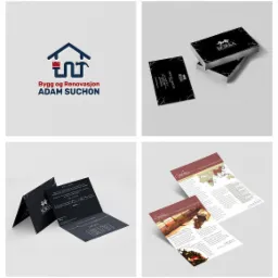 Kompozycja prezentująca identyfikację wizualną firmy: logo z motywem domu i pędzla, wizytówki z marmurkowym wzorem, rozkładana ulotka z czarnym tłem i ulotka reklamowa z mapą świata i motywem herbaty.