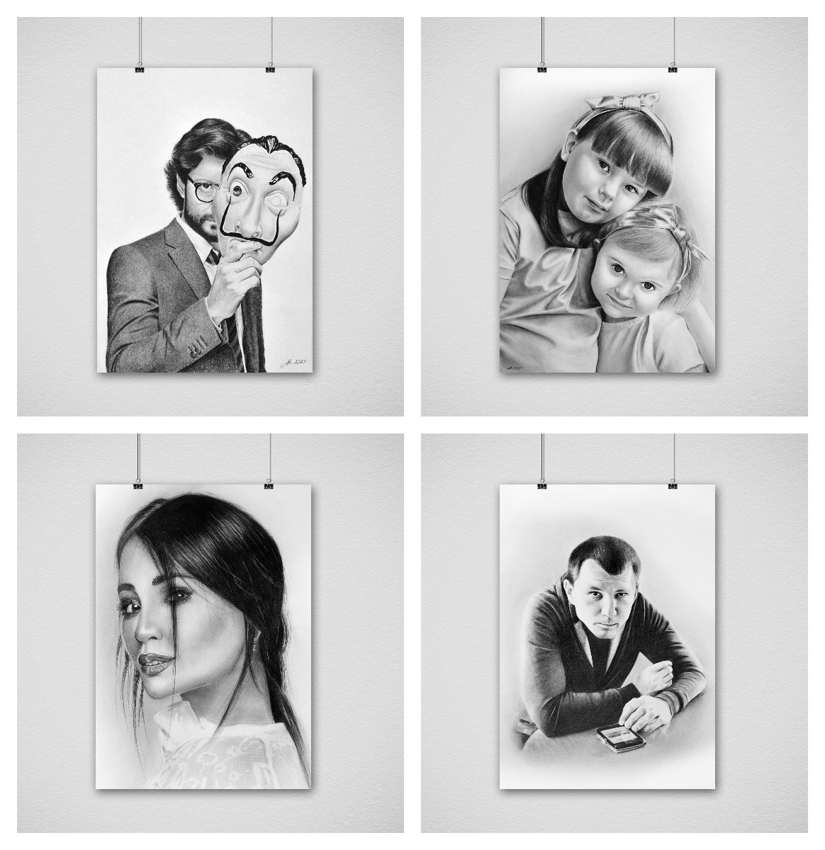 Cztery czarno-białe portrety narysowane ołówkiem, wiszące na ścianie za pomocą klipsów: mężczyzna w garniturze trzymający maskę, dwie dziewczynki, kobieta z długimi włosami i mężczyzna z telefonem.