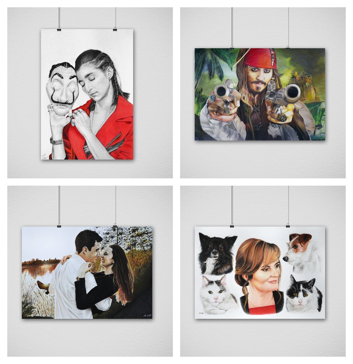 Zestaw czterech portretów wiszących na ścianie: szkic kobiety z maską, kolorowy rysunek Jacka Sparrowa, portret pary na tle jeziora, oraz portret kobiety z psami i kotami.