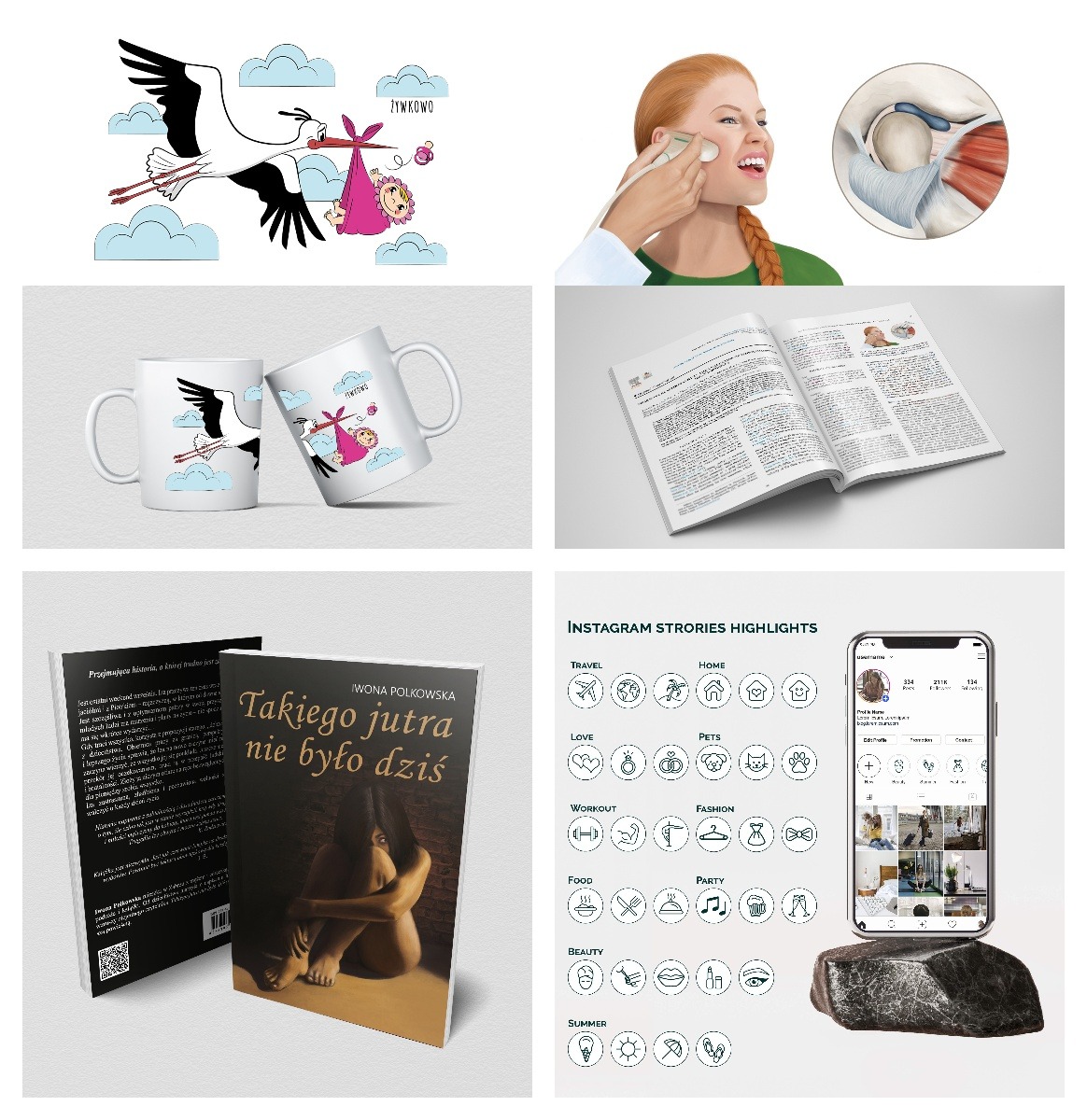Kolaż zdjęć przedstawiający: ilustrację bociana z dzieckiem, kubki z nadrukiem bociana, zabieg kosmetyczny, otwartą książkę/magazyn, okładkę książki Iwony Polkowskiej oraz ekran smartfona z ikonami...