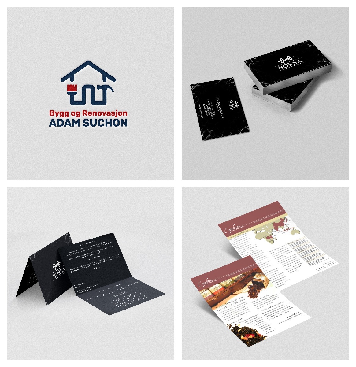 Kompozycja prezentująca identyfikację wizualną firmy: logo z motywem domu i pędzla, wizytówki z marmurkowym wzorem, rozkładana ulotka z czarnym tłem i ulotka reklamowa z mapą świata i motywem herbaty.
