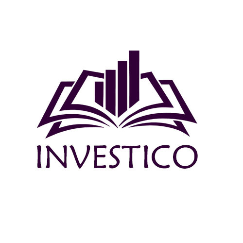 Fioletowe logo firmy Investico przedstawiające otwartą książkę z trzema pionowymi słupkami wykresu.