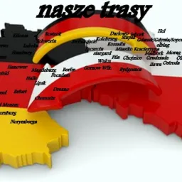 Mapa Polski i Niemiec w barwach flag narodowych, z zaznaczonymi miastami i napisem 'nasze trasy' u góry.
