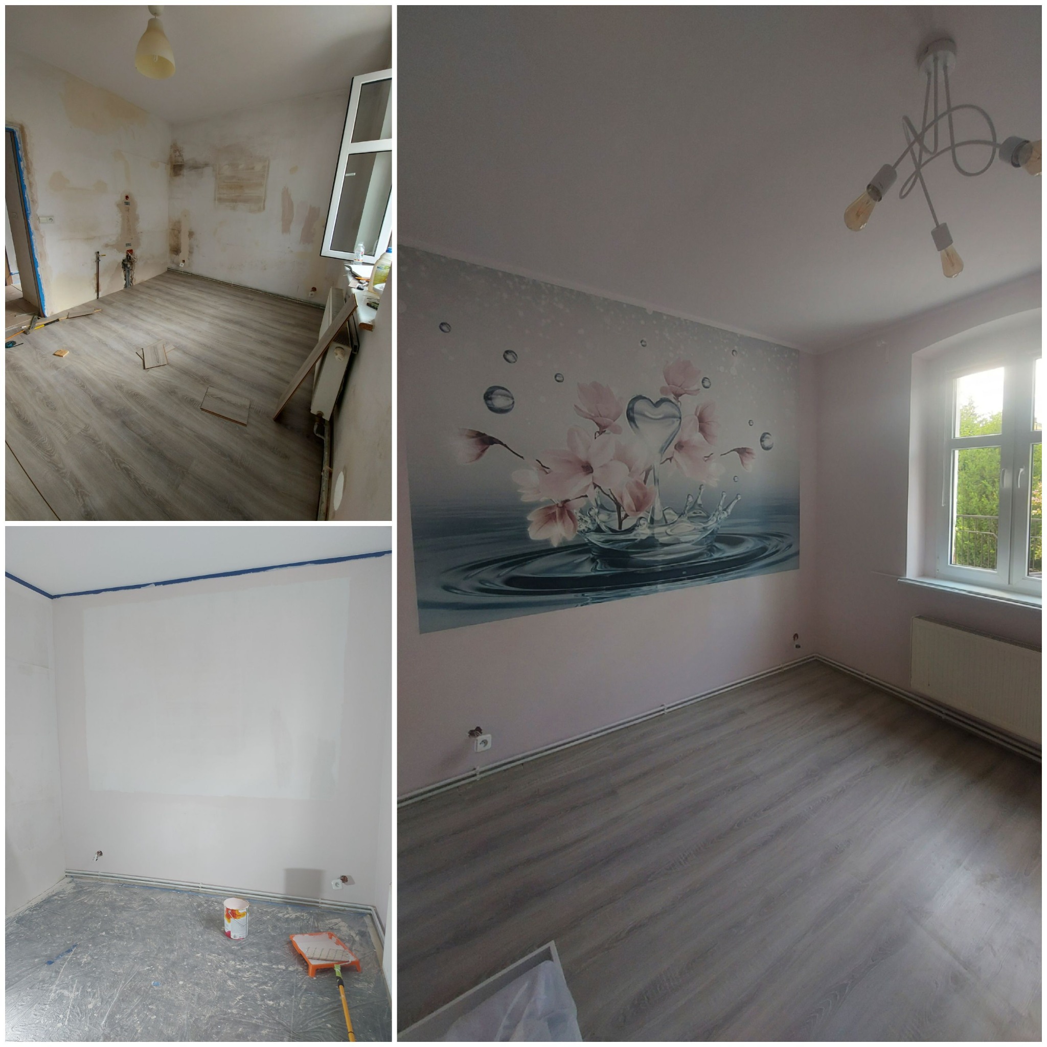 Kolaż przedstawiający remont pokoju: surowe ściany przed malowaniem, przygotowanie do malowania z użyciem taśmy malarskiej, oraz pokój po malowaniu z fototapetą z motywem kwiatowym i nową lampą.