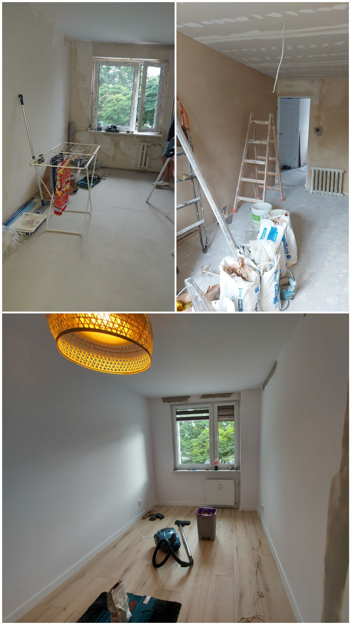 Trzy kadry z remontu pokoju: pierwszy - surowy stan z suszarką na pranie, drugi - ściany po gładzi z workami gipsu, trzeci - pomalowane ściany i panele na podłodze, widoczny odkurzacz i śmieci.