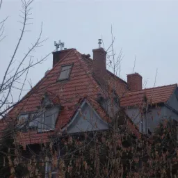 Czerwony dach z dachówką ceramiczną na dwupiętrowym domu, widoczny zza drzew bez liści na pochmurnym niebie.