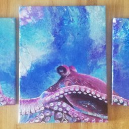 Ośmiornica na pouringu - praca na zamówienie. Akryl na płótnach.