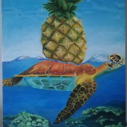 Zółw z ananasem - praca na zamówienie. Akryl na płótnie.