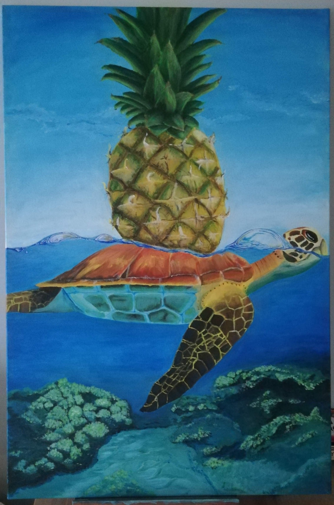 Zółw z ananasem - praca na zamówienie. Akryl na płótnie.