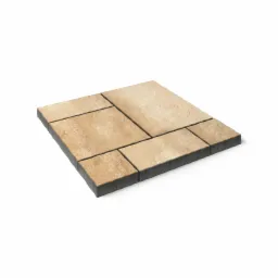 Układ kilku beżowych elementów nawierzchni o różnych kształtach, z ciemnoszarą podstawą, ułożonych na białym tle, prezentujących wzór ułożenia.