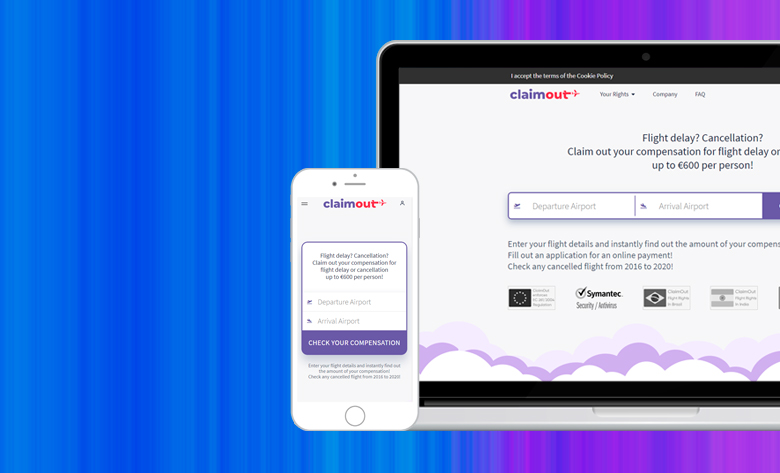Ekran laptopa i smartfona wyświetlające stronę internetową claimout.com, umożliwiającą uzyskanie odszkodowania za opóźniony lub odwołany lot.