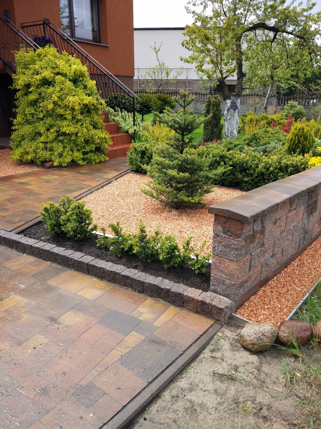 Uporządkowany ogród przydomowy z wybrukowanym chodnikiem, ozdobnymi krzewami, kamienną obwódką i dekoracyjnym żwirem w słoneczny dzień.