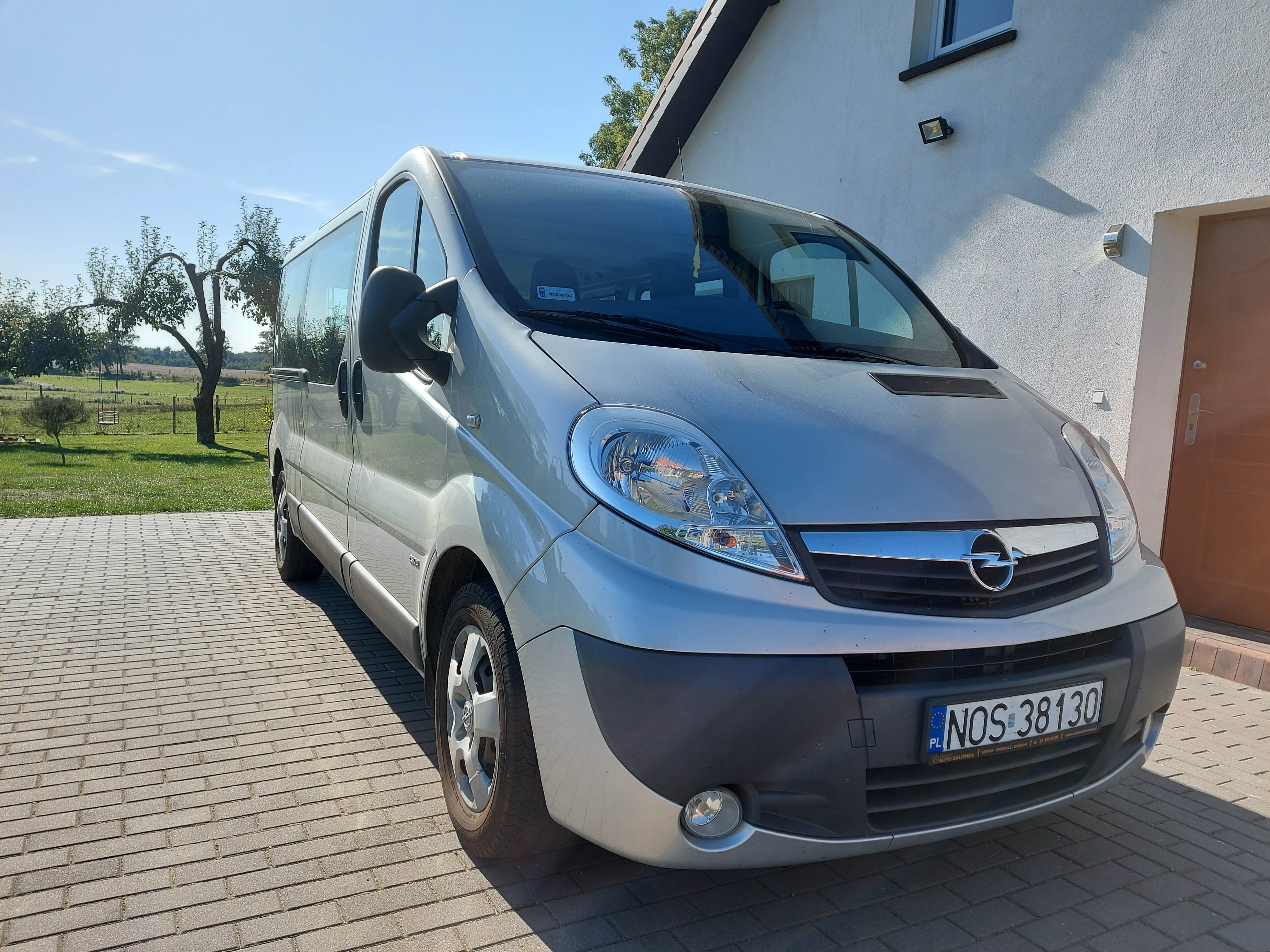 Srebrny van Opel Vivaro zaparkowany na brukowanym podjeździe przed domem z brązowymi drzwiami, widoczne drzewa w tle.