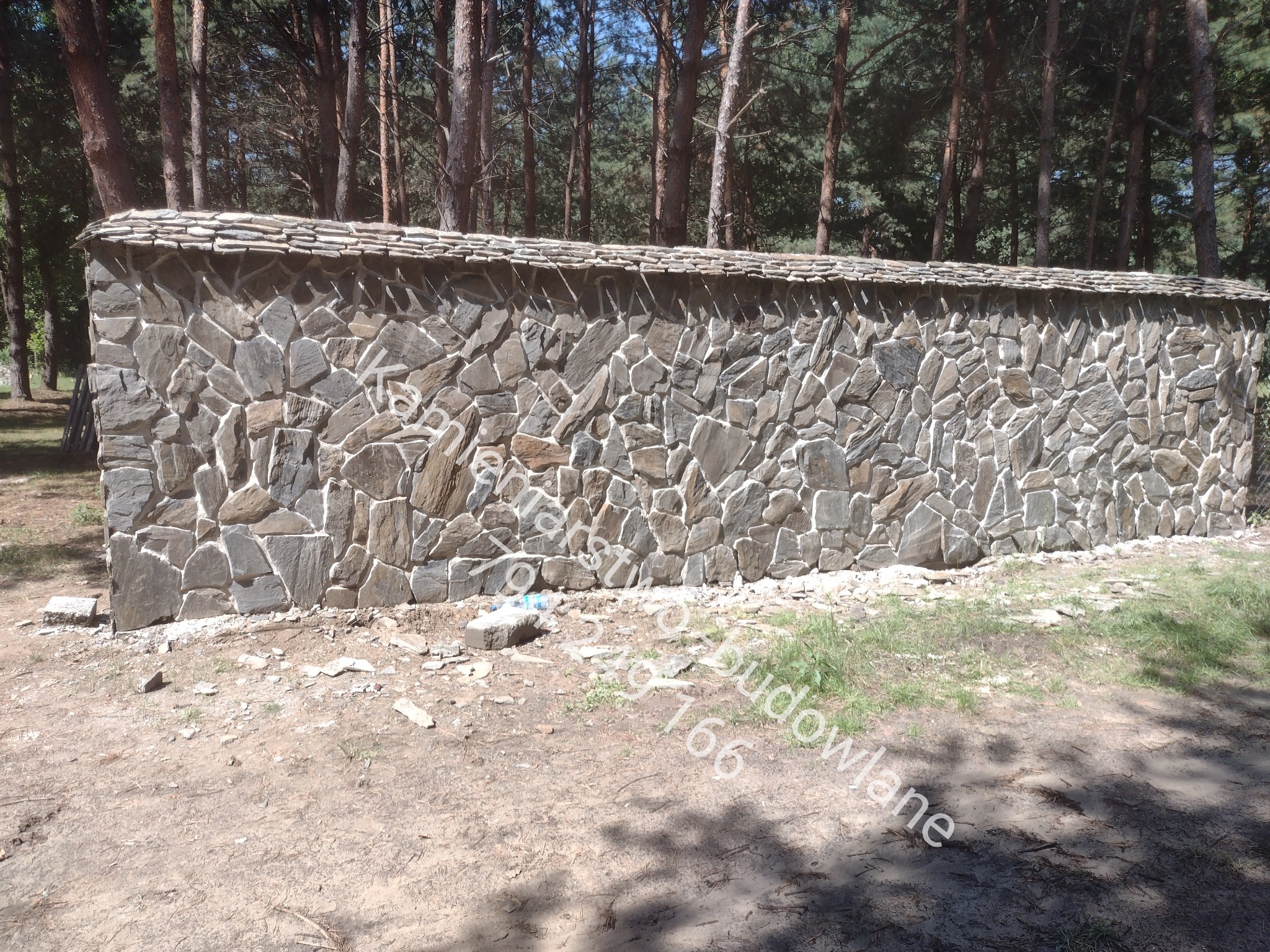Kamienne ogrodzenie z nieregularnych, szarych kamieni z jasną fugą, zwieńczone płaskimi kamieniami. W tle las iglasty, ziemia z trawą u podstawy.