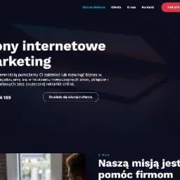 Fragment strony internetowej z hasłem 'Strony internetowe i marketing', z laptopem w tle i numerem telefonu kontaktowego.