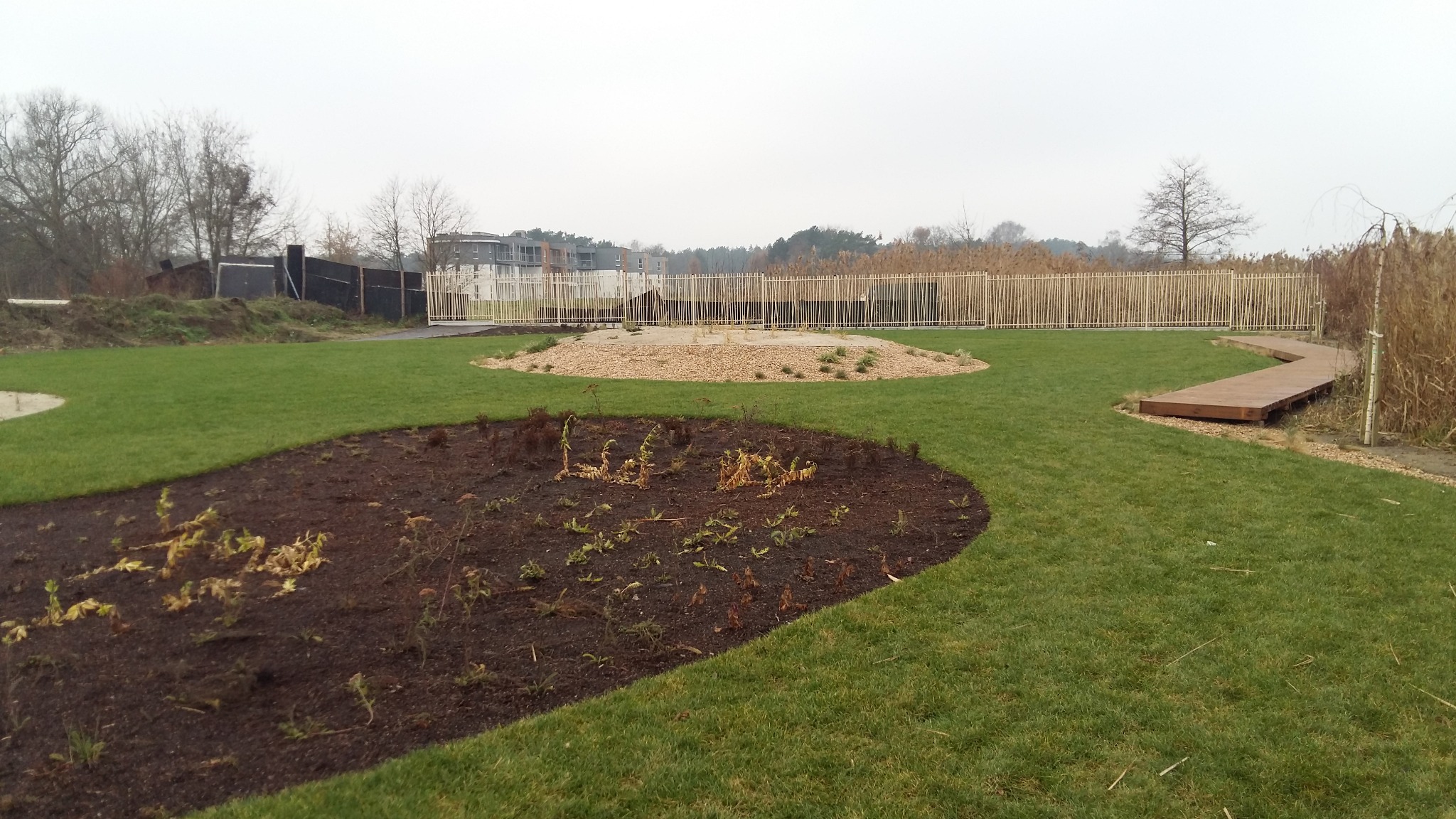 Widok na nowo założony ogród z trawnikiem, rabatami z młodymi roślinami, ścieżką z desek i ogrodzeniem z bambusowych tyczek w Zegrzu.