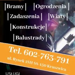 Plakat reklamowy usług spawalniczych z listą oferowanych produktów, numerem telefonu i adresem firmy, w tle spawacz w masce ochronnej podczas pracy.