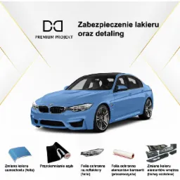 Błękitny samochód po zabezpieczeniu lakieru i detailingu, z wizualizacją folii do zmiany koloru, przyciemniania szyb, ochrony reflektorów i elementów wnętrza.