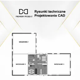 Rzut poziomy mieszkania z podziałem na trzy pomieszczenia mieszkalne, wykonany w programie CAD, z naniesionymi elementami wyposażenia i tekstem 'Mieszkanie 1', 'Mieszkanie 2', 'Mieszkanie 3'...
