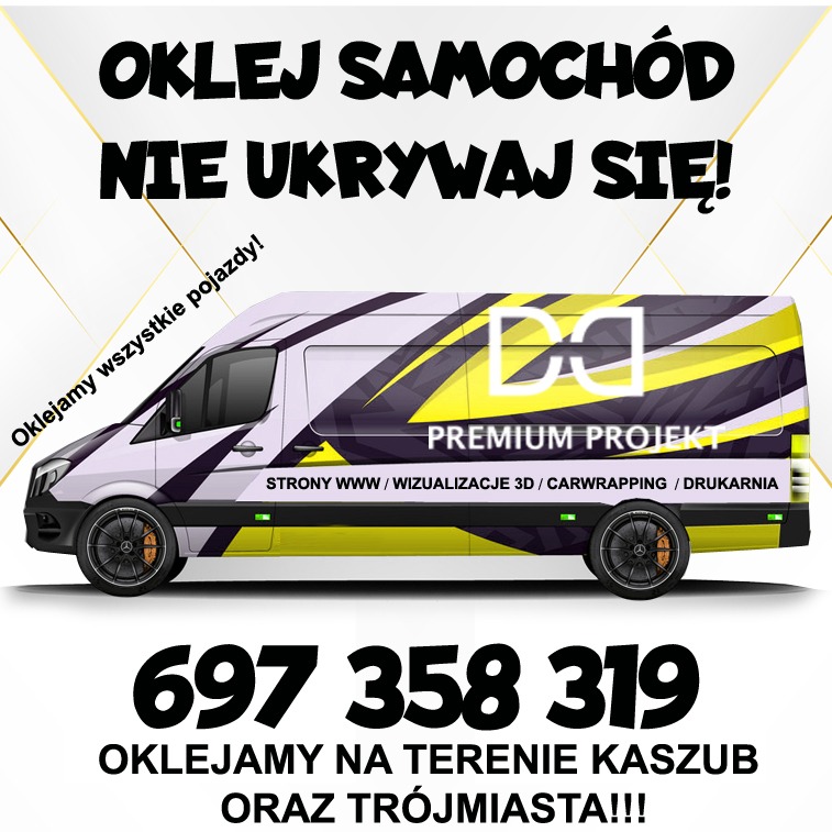 Wizualizacja oklejonego busa z żółto-czarnym wzorem, logo firmy Premium Projekt oraz hasłem reklamowym i numerem telefonu, oferta oklejania pojazdów na Kaszubach i w Trójmieście.