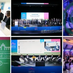 Montaż zdjęć z konferencji EIT Health Summit Łódź 2018, obejmujący rejestrację uczestników, prelegentów na scenie, panel dyskusyjny oraz salę bankietową z uczestnikami przy okrągłych stołach.