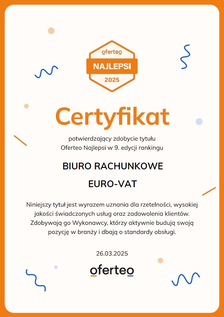 Certyfikat Oferteo Najlepsi 2025 dla Biura Rachunkowego EURO-VAT, potwierdzający uznanie za rzetelność i wysoką jakość usług, z pomarańczową ramką i dekoracyjnymi elementami.