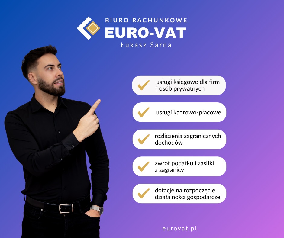 Mężczyzna wskazuje na ofertę biura rachunkowego Euro-Vat: usługi księgowe, kadrowo-płacowe, rozliczenia zagraniczne, zwrot podatku, dotacje. Fioletowo-niebieskie tło.