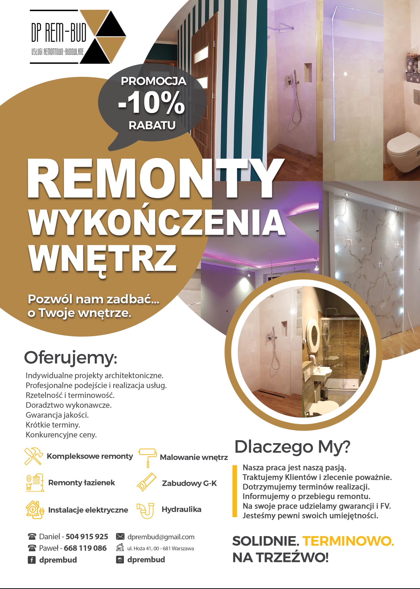 Grafika reklamowa firmy DP REM-BUD prezentująca zdjęcia łazienek po remoncie, z promocją -10% rabatu. Kolorystyka w odcieniach beżu i bieli. Widoczne prysznice z kabinami, toaleta oraz umywalka.
