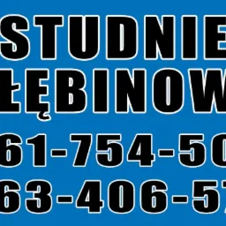 Napis 'Studnie głębinowe' z dwoma numerami telefonów na niebieskim tle.