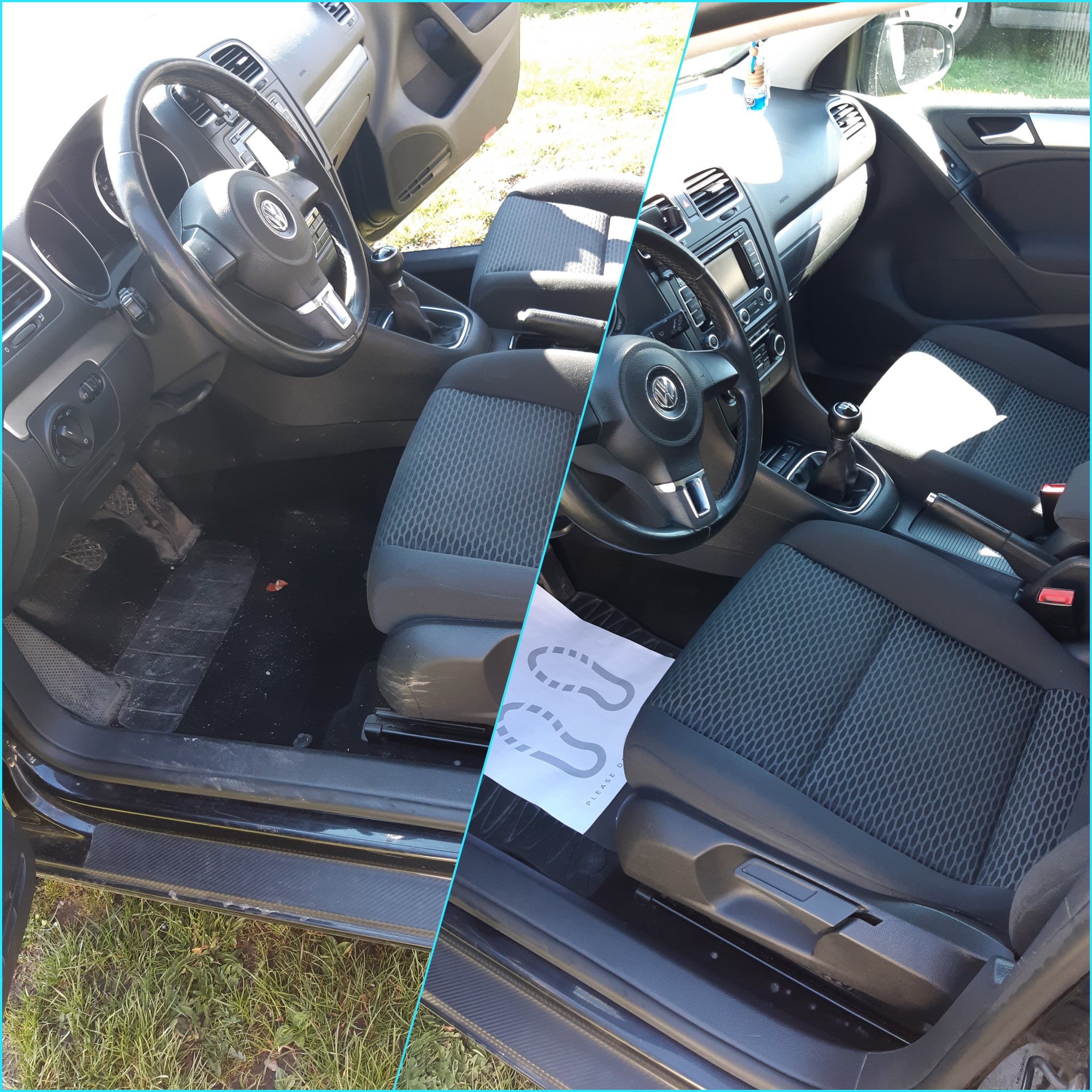 Porównanie wnętrza samochodu przed i po czyszczeniu: brudna podłoga i fotel kierowcy po lewej, czyste wnętrze po prawej stronie.