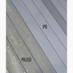 Szare deski tarasowe kompozytowe: porównanie stanu przed i po czyszczeniu, widoczne zabrudzenia i odświeżony kolor drewna.