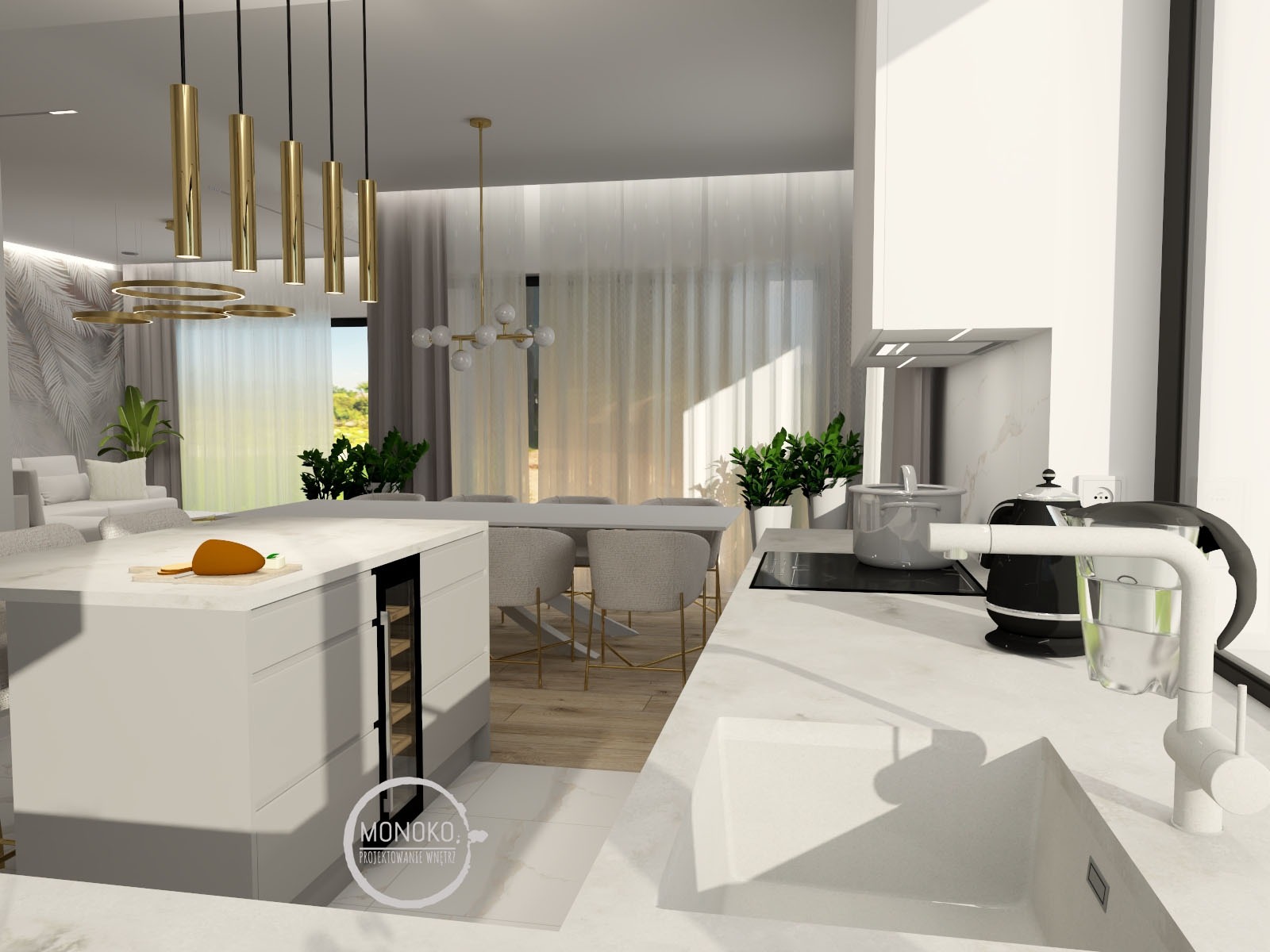Wizualizacja jasnej, nowoczesnej kuchni z wyspą, złotymi lampami wiszącymi i jadalnią w tle, z widocznym logo projektanta na wyspie.