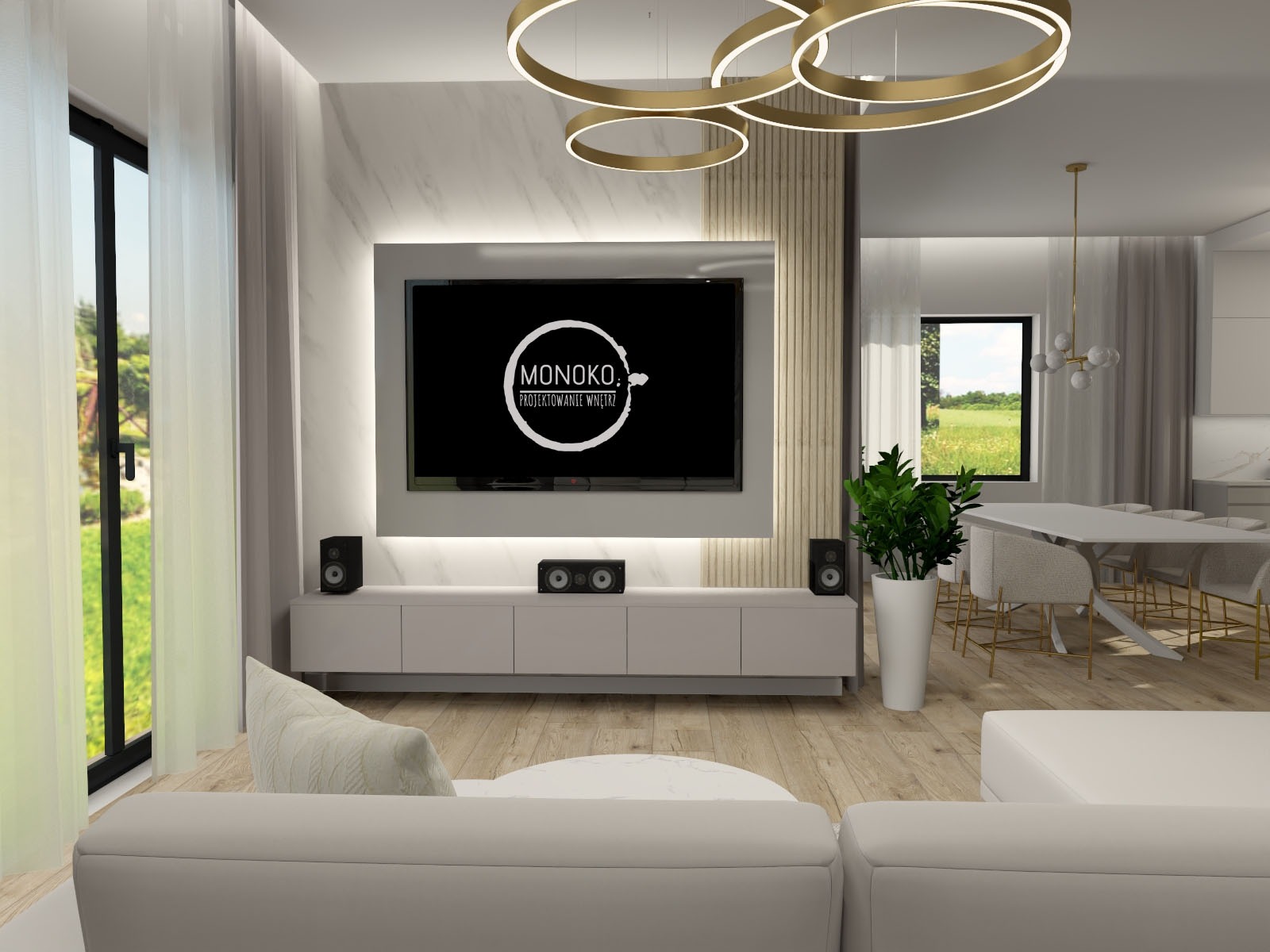 Wizualizacja salonu z telewizorem z logo firmy projektującej wnętrza, jasnymi meblami i złotymi lampami pierścieniowymi.