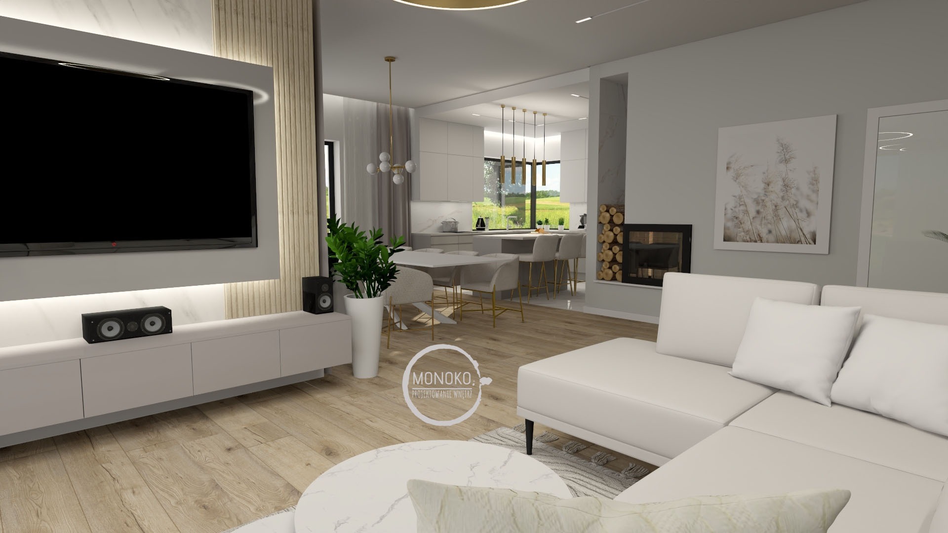 Wizualizacja przestronnego salonu z otwartą kuchnią w jasnych barwach, z białym narożnikiem, drewnianą podłogą i telewizorem na ścianie z podświetleniem LED.