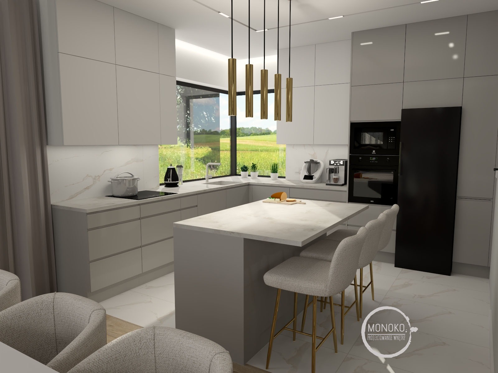Wizualizacja nowoczesnej kuchni z wyspą, szarymi frontami szafek i dużym oknem z widokiem na zieleń. Nad wyspą wiszą złote, cylindryczne lampy. Na blacie wyspy leżą kromki chleba.
