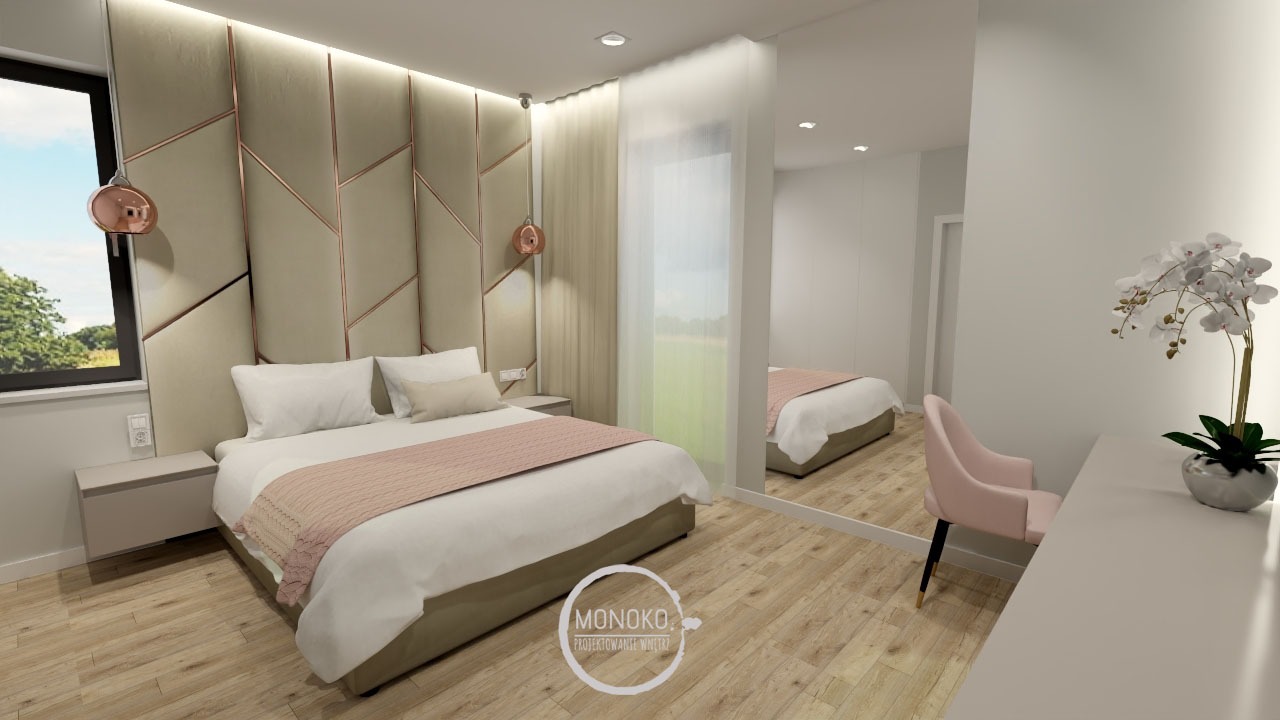 Nowoczesna sypialnia z geometrycznym panelem tapicerowanym za łóżkiem, lustrzanym przejściem do drugiego pokoju i biurkiem z orchideą.