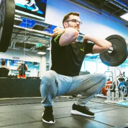 Mężczyzna w okularach wykonuje przysiad z obciążeniem na barkach w siłowni, widoczne lustra i inne osoby ćwiczące w tle.