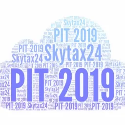 Grafika słowna w kształcie chmury, zawierająca słowa 'PIT 2019' i 'Skytax24' w różnych rozmiarach i odcieniach niebieskiego, na białym tle.