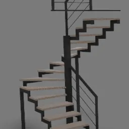 Wizualizacja schodów spiralnych z czarną stalową konstrukcją i drewnianymi stopniami, widok z dołu, szare tło.