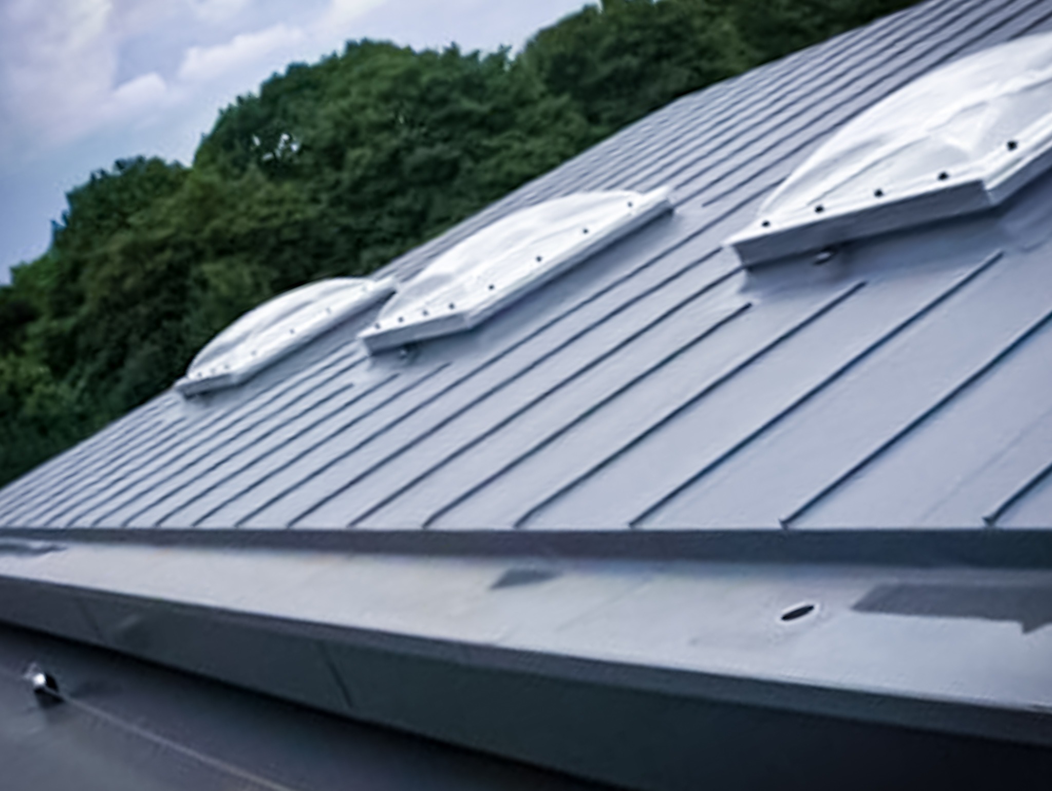 Szary dach z blachy trapezowej z trzema świetlikami dachowymi, widok z dołu pod kątem, w tle drzewa.