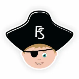 Ilustracja głowy dziecka przebranego za pirata z czarną opaską na oku i kapeluszem z inicjałami 'PS'.