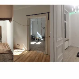 Trzy kadry z remontu mieszkania w Łodzi: widok na korytarz z odkrytą podłogą, pokój z przygotowaną do malowania ścianą i zabezpieczonymi framugami oraz pokój z nowym oświetleniem i odnowioną podłogą.