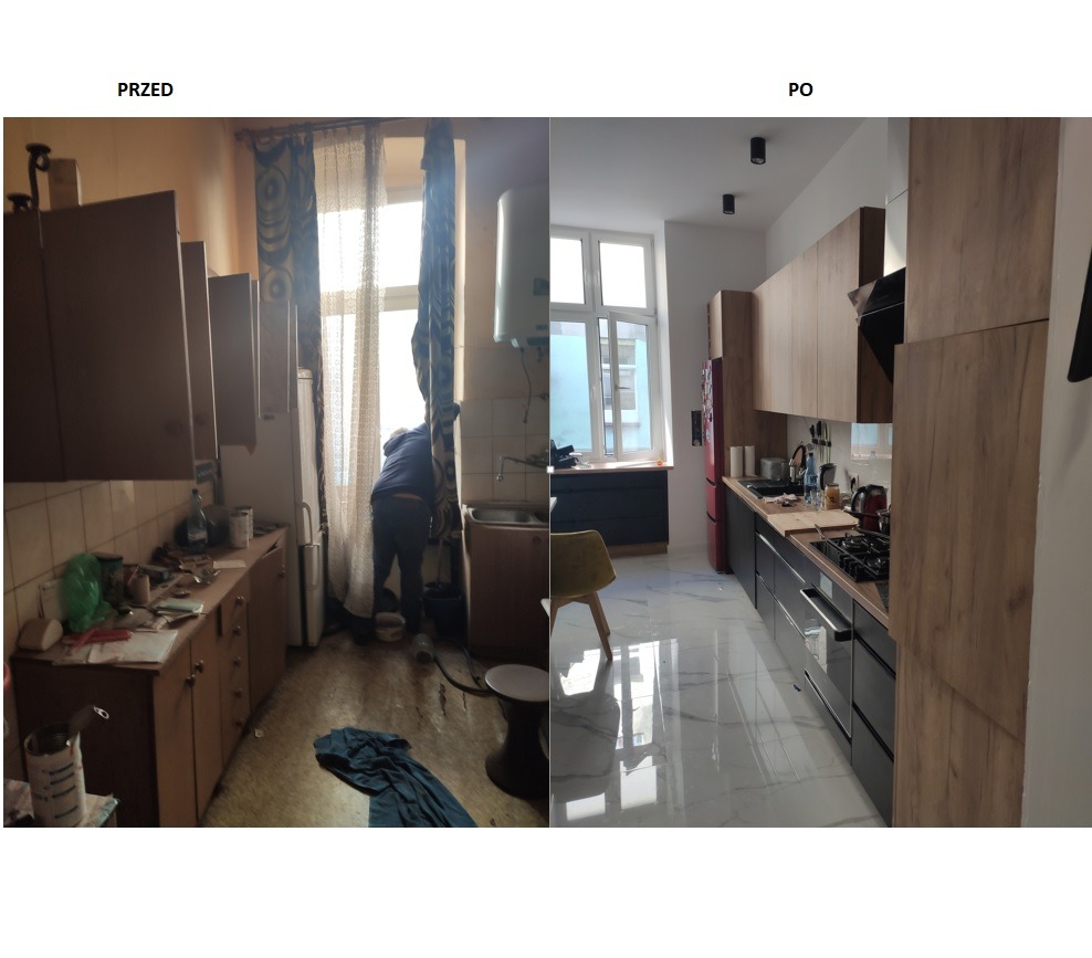 Porównanie kuchni przed i po remoncie: od zagraconego wnętrza z ciemnymi meblami do nowoczesnej przestrzeni z jasnymi szafkami imitującymi drewno, czarnymi blatami i błyszczącą podłogą.