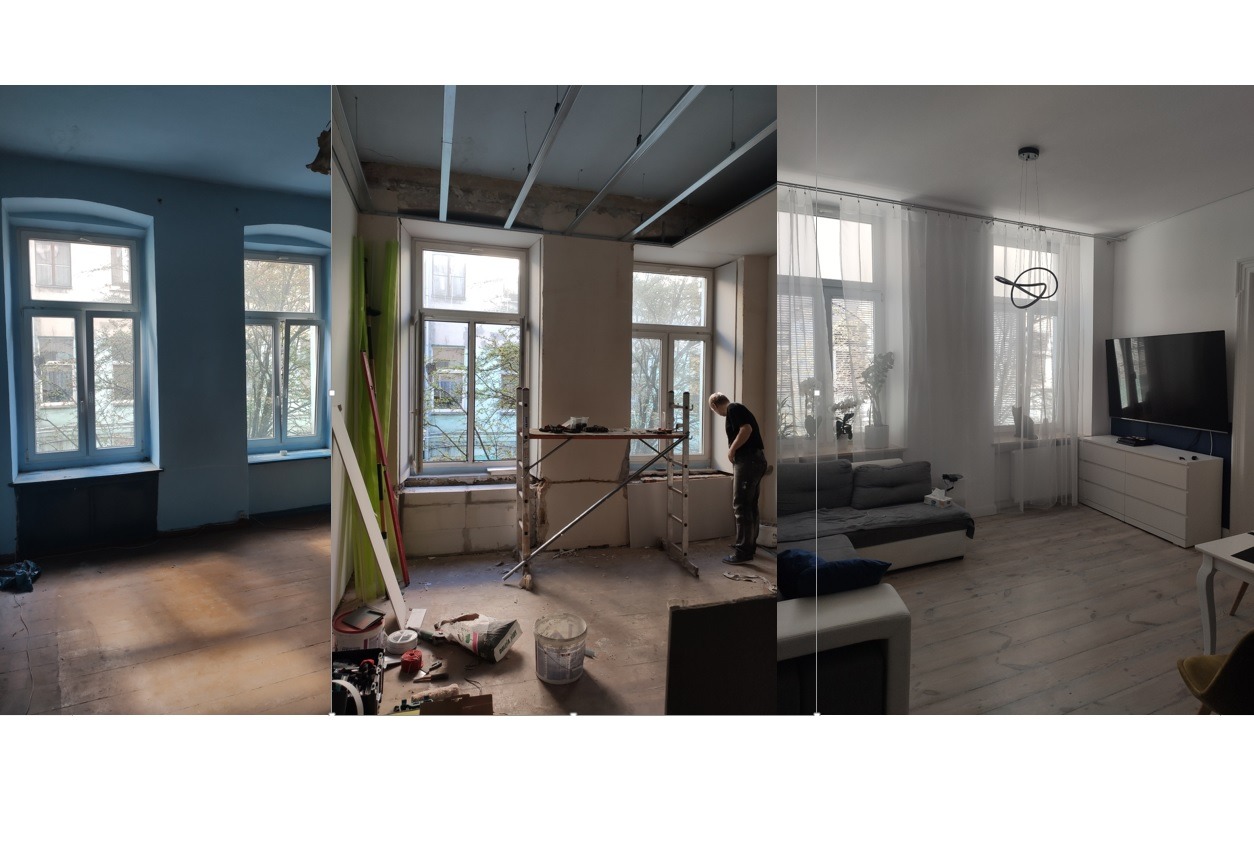 Fotografia przedstawia ewolucję remontu pokoju: od stanu początkowego z niebieskimi ścianami i starym parkietem, przez etap prac z rusztowaniem i widocznymi elementami konstrukcyjnymi sufitu, po...