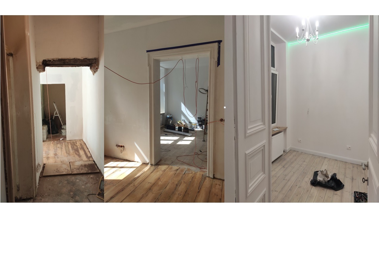 Trzy kadry z remontu mieszkania w Łodzi: widok na korytarz z odkrytą podłogą, pokój z przygotowaną do malowania ścianą i zabezpieczonymi framugami oraz pokój z nowym oświetleniem i odnowioną podłogą.