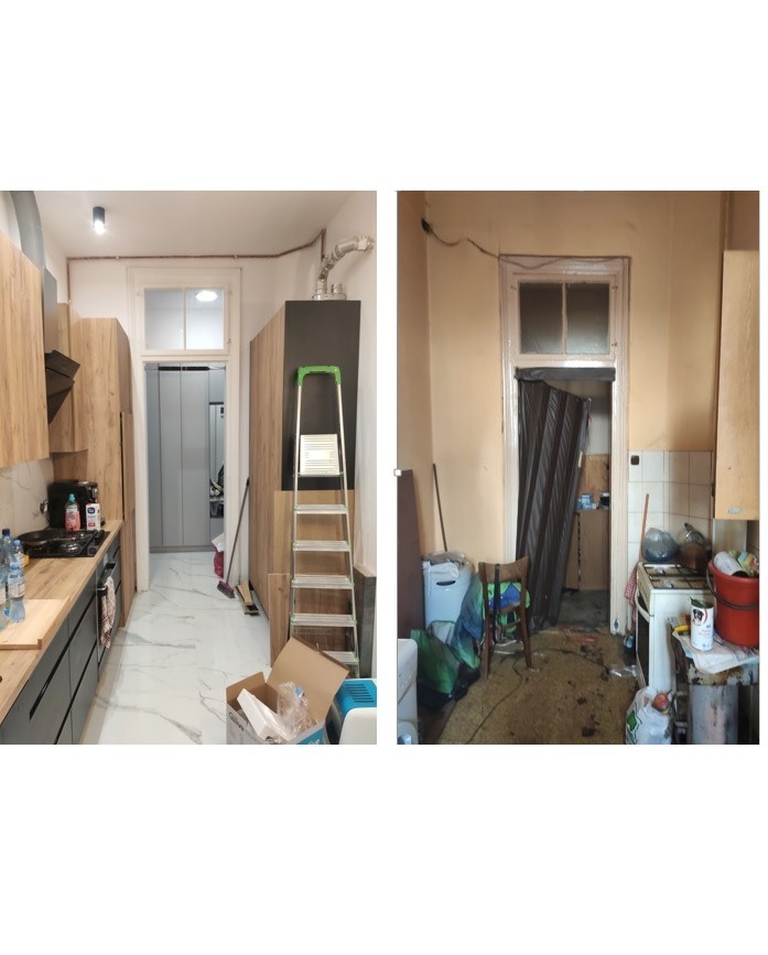 Porównanie stanu kuchni przed i po remoncie: po lewej stronie odnowiona kuchnia z marmurową podłogą, drewnianymi szafkami i czarnymi blatami; po prawej stronie zaniedbana kuchnia ze starą kuchenką,...