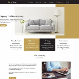Strona internetowa firmy finansowej z minimalistycznym designem, prezentująca ofertę nieruchomości, kredytów i ubezpieczeń, z elementami graficznymi w odcieniach bieli i złota.